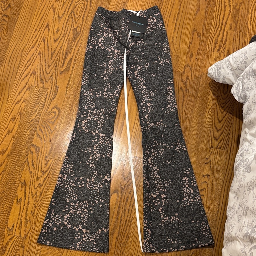 Cynthia Rowley Black Floral Lace Pants with Pink Lining